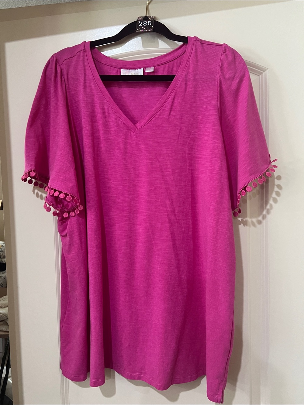 Belle by Kim Gravel V-Neck Pom Pom Sleeve Tunic - Fuchsia H285